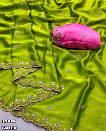 Chiffon with Embroidery & Mirror Work comes with Scalloped Border