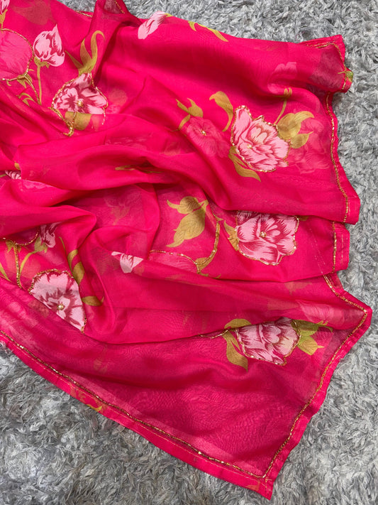 Taby Organza Floral Print Handwork Saree