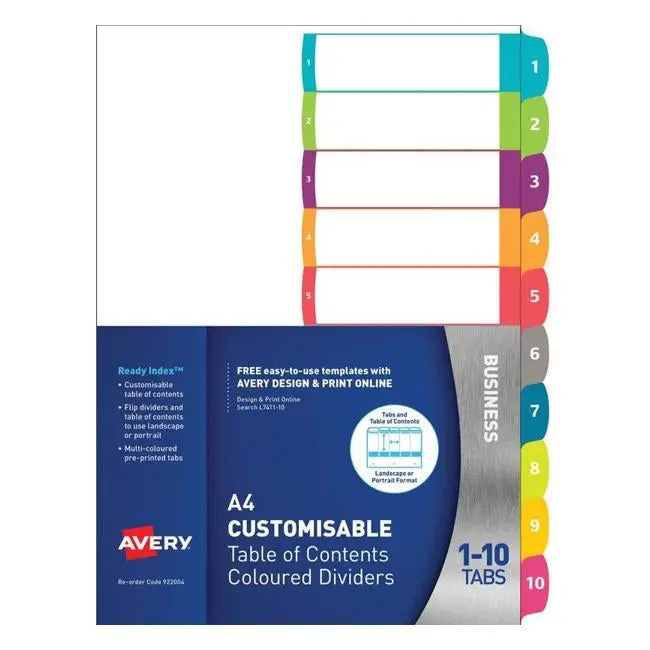 Avery Custom A4 Table Of Contents Tabs – Color-Coded, 1–10 Set 1
