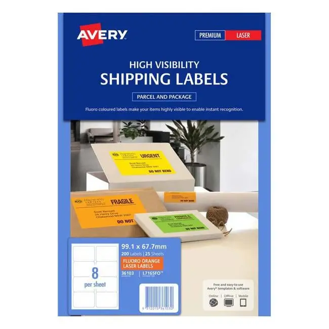 Avery Fluorescent Orange Shipping Labels – 99.1 × 67.7 Mm, 8-Up Per Sheet (25 Sheets) 1