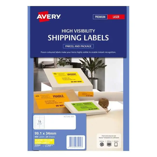 Avery Fluorescent Yellow Address Labels – 99.1 × 34 Mm, 16-Up Per Sheet (25 Sheets) 1