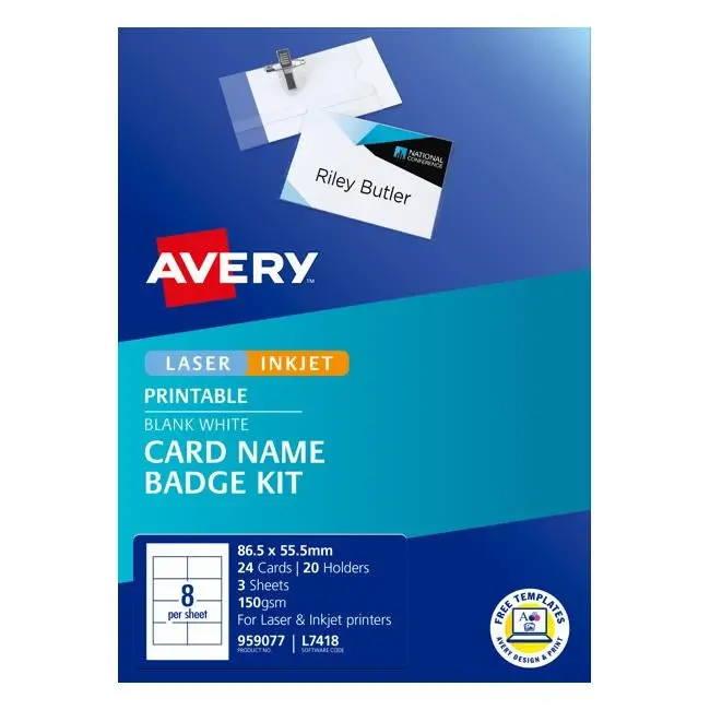 Avery Inkjet & Laser Name Badge Kit – 86.5 × 55.5 Mm, 8-Up Per Sheet (3 Sheets) 1
