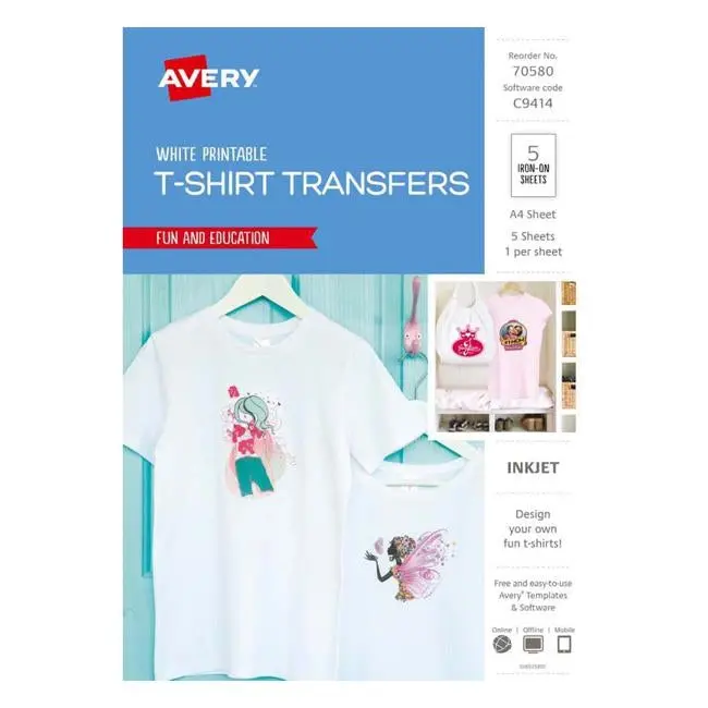 Avery Iron-On T-Shirt Transfer Paper – A4, White, 5-Sheet Pack (Ij76) 1