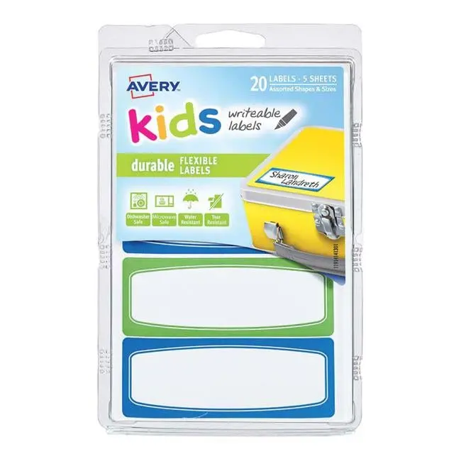 Avery Kids Durable Border Labels – 5 Sheets, 4 Per Sheet, 89 × 32 Mm (Green & Blue) 1