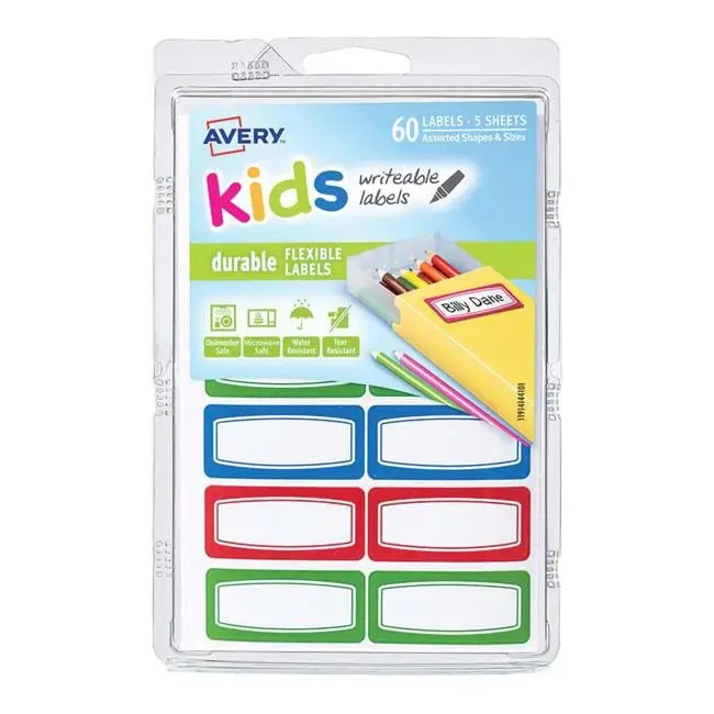 Avery Kids’ Durable Labels – Green/Blue/Red Border, 44×19Mm, 12 Per Sheet, 5 Sheets 1