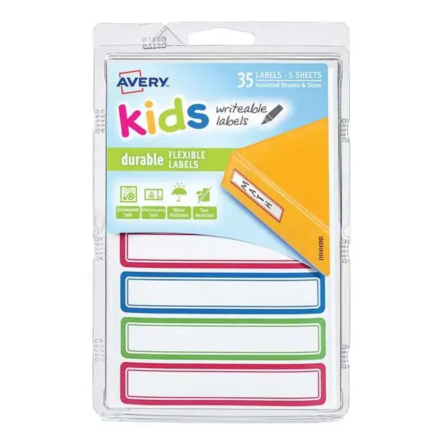 Avery Kids Durable Multi-Color Border Labels – 5 Sheets, 7 Per Sheet, 89 × 16 Mm (Green, Blue, Red) 1