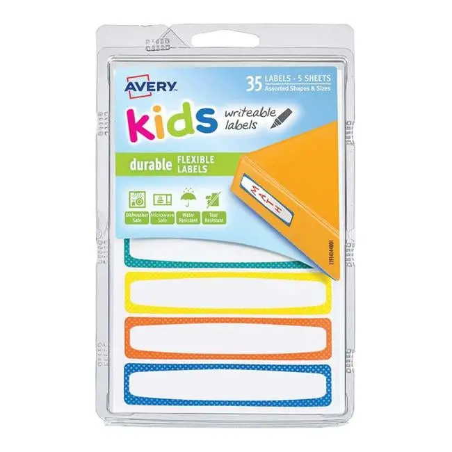 Avery Kids Durable Neon-Border Labels – 5 Sheets, 7 Per Sheet, 89 × 16 Mm (Blue, Orange, Yellow, Green) 1