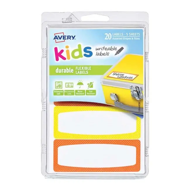 Avery Kids Durable Neon-Edged Labels – Orange & Yellow, 89×32 Mm, 4 Per Sheet, 5-Sheet Pack 1