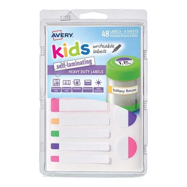 Avery Kids Self-Laminating Bright Labels – 4 Sheets, 12 Assorted Shapes & Sizes 1