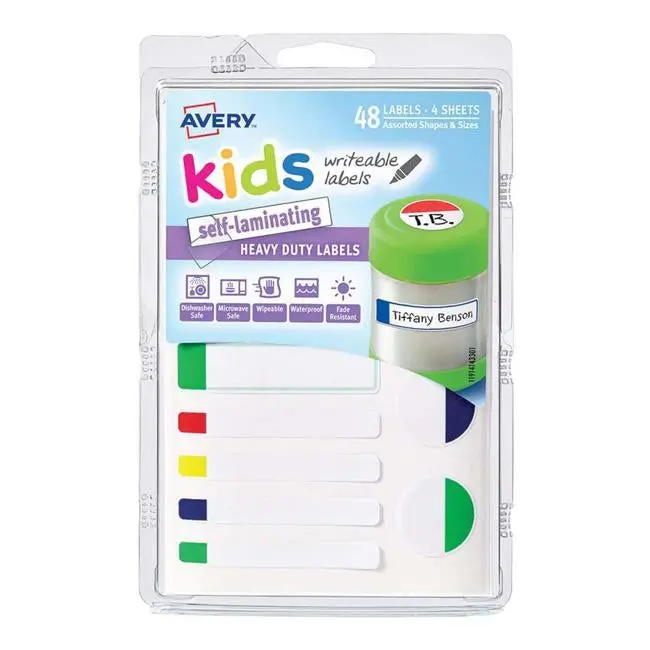 Avery Kids Self-Laminating Neon Labels – 4 Sheets, 12 Assorted Shapes & Sizes 1
