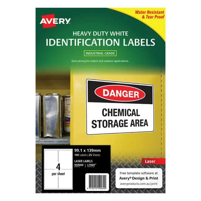 Avery L7069 Heavy-Duty Laser Id Labels – 25-Sheet Pack (99.1 × 139 Mm, 4 Per Sheet) 1