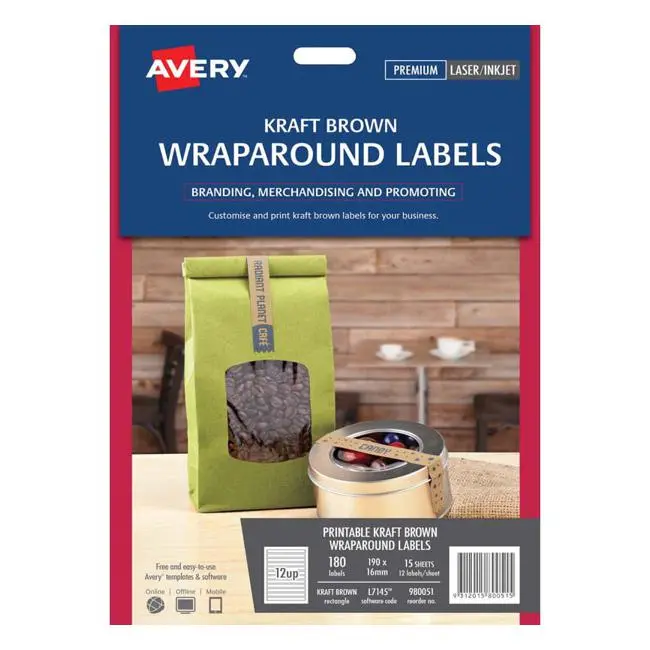 Avery L7145 Wraparound Kraft Labels – 15 Sheets, 12 Per Sheet, 190 × 16 Mm (Inkjet & Laser Compatible) 1