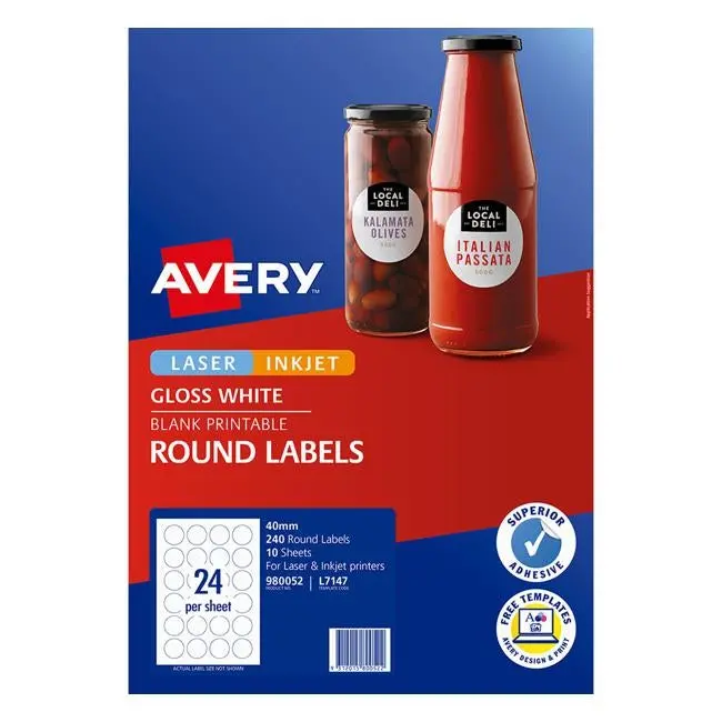 Avery L7147 Glossy White Round Labels – 10 Sheets, 24 Per Sheet, 40 Mm Diameter 1