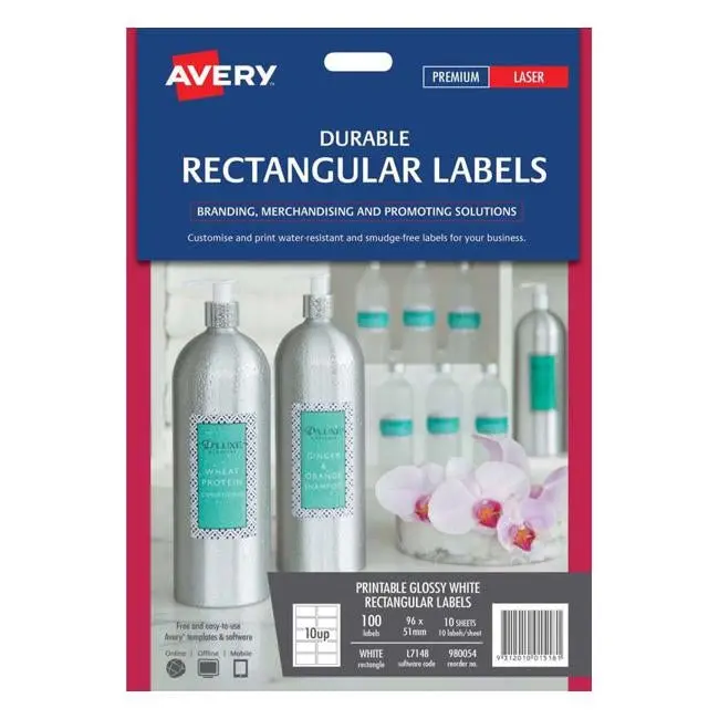 Avery L7148 Permanent Rectangular Labels – 10 Sheets, 10 Per Sheet, 96 × 51 Mm 1