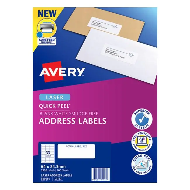 Avery L7157-100 Self-Adhesive Labels – 64 × 24.3 Mm, 100-Sheet Pack 1