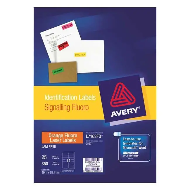 Avery L7163Fo Flo Orange Shipping Labels – Laser, 99.1 × 38.1 Mm (14 Per Sheet, 25 Sheets) 1