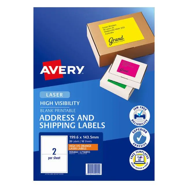 Avery L7168Fo Fluorescent Orange Shipping Labels – Laser, 10-Sheet Pack (199.6 × 143.5 Mm, 2 Per Sheet) 1