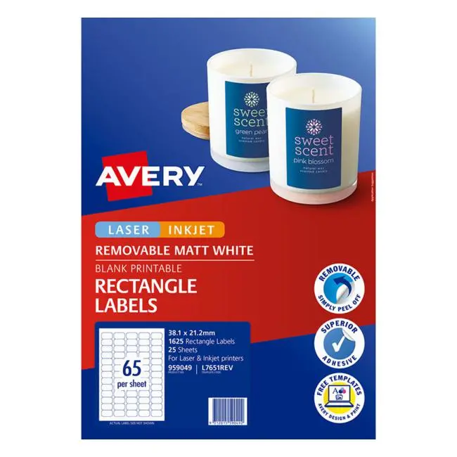 Avery L7651 Self-Adhesive Labels – 38.1 × 21.2 Mm, 25 Sheets, Removable 1