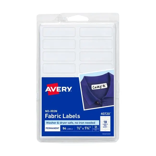 Avery No-Iron Fabric Labels – A6 Size (45 × 13 Mm), 18 Per Sheet, 54-Count Pack 1