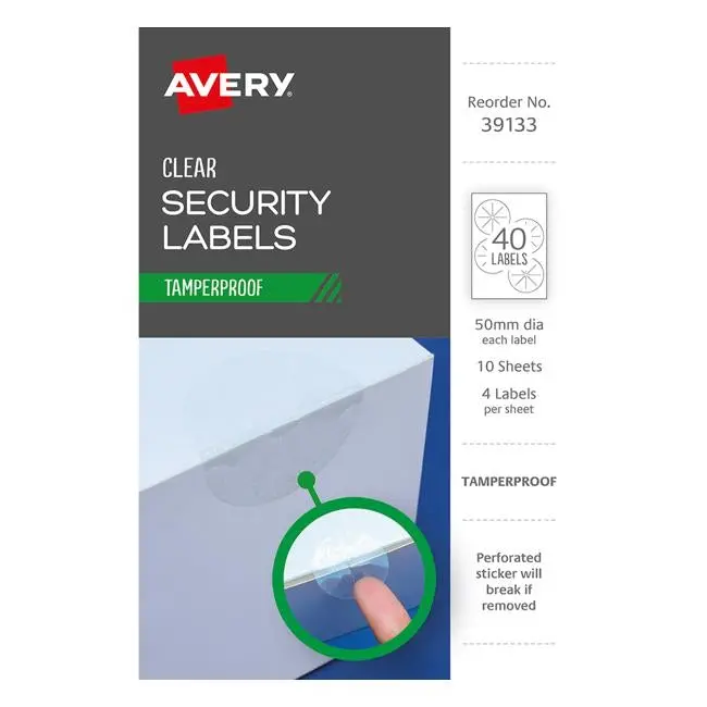Avery Tamper-Evident Clear Dot Labels – 50 Mm, 4 Per Sheet, 10 Sheets 1