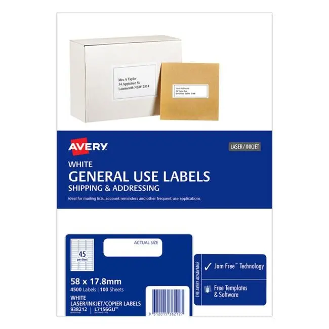 Avery Versatile Laser Labels – 58 × 17.8 Mm, 100 Sheets 1