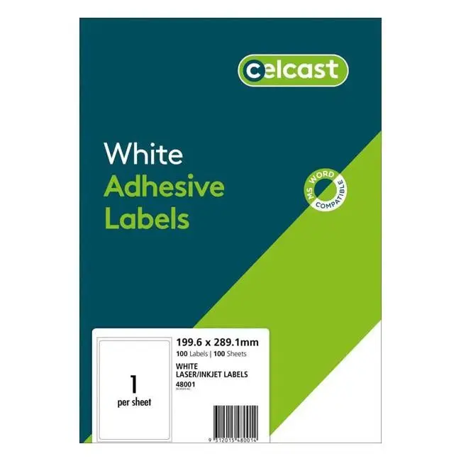 Celcast A4 Single-Label Sheets – 199.6 × 289.1Mm Format, 100-Page Pack 1