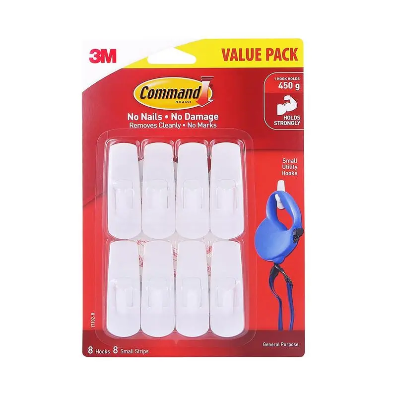 Command Small White Adhesive Hooks – Pack Of 8, 450G Hold Strength 1