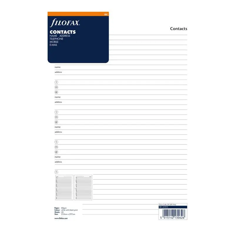 Filofax A4 Contacts Organizer Refill – Cream Paper 1