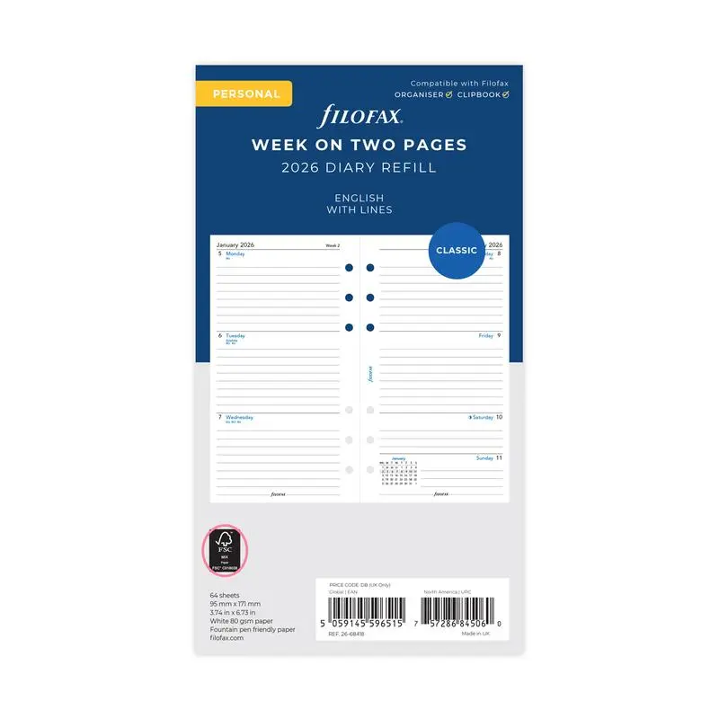 Filofax Classic Personal Size Refill – 2026 Week-To-View, Ruled Layout (1001666) 1