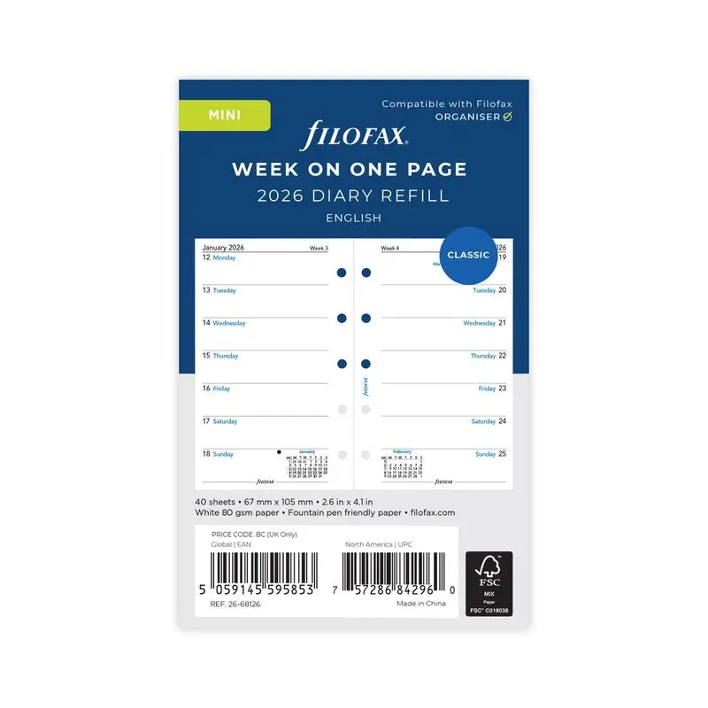 Filofax Mini Weekly Refill For 2026 – One Week Per Page Layout (1001656) 1