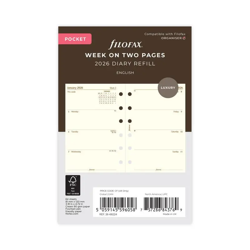 Filofax Pocket 2026 Refill: Cream Cotton Paper – Two-Page Weekly Layout 1