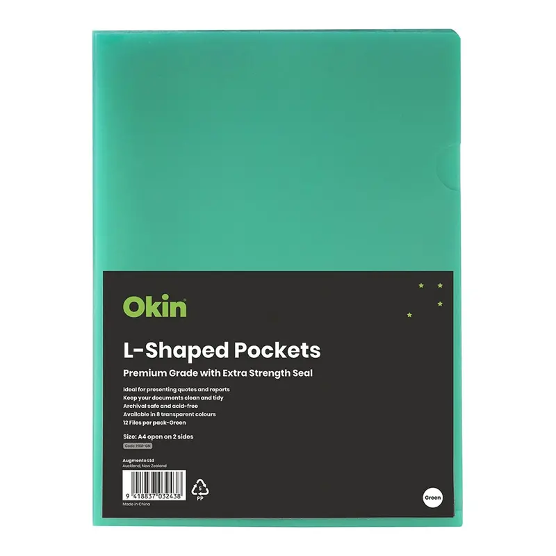 Green L-Shaped A4 Pockets – Pack Of 12 By Okin 1