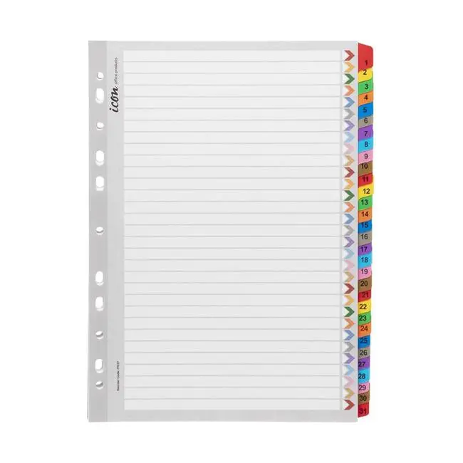 Icon Reinforced Cardboard Date Index Dividers — 1–31, Assorted Colours 1