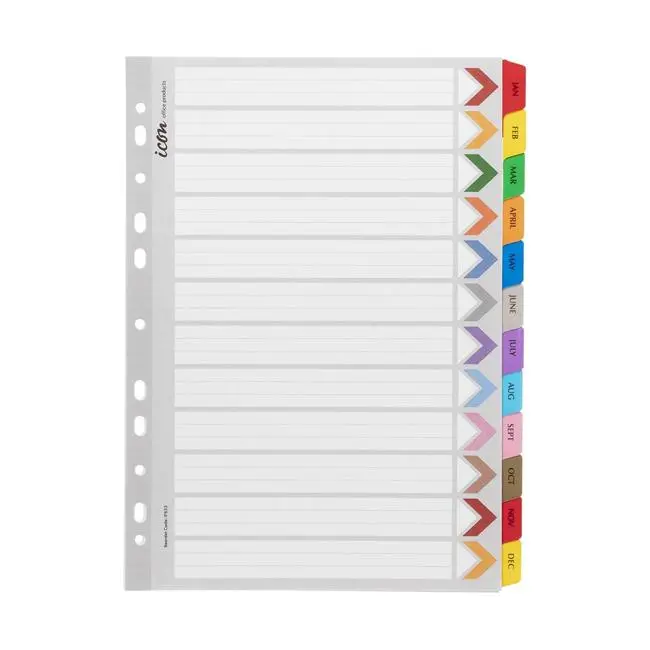 Icon Reinforced Cardboard Index Dividers – January To December, Colour-Coded Tabs 1