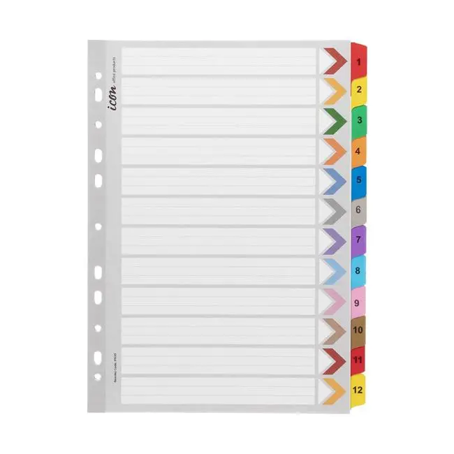 Icon Reinforced Cardboard Numerical Index Dividers — 1–12, Assorted Colours 1