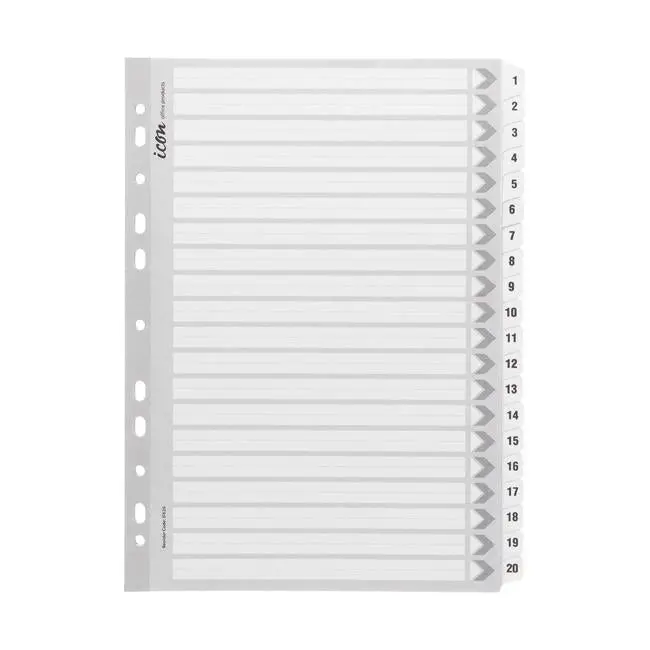 Icon Reinforced Cardboard Numerical Index Dividers — 1–20, White 1