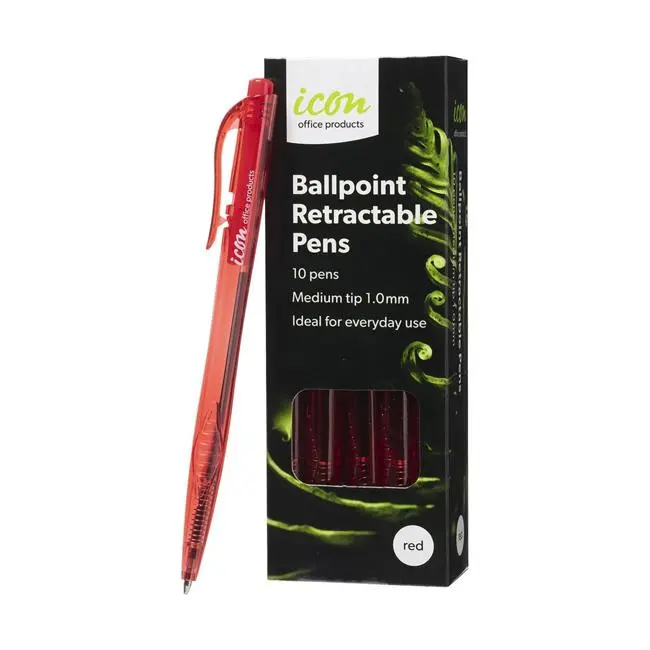 Icon Retractable Ballpoint Pens – Medium Point, Red Ink (10-Pack) 1