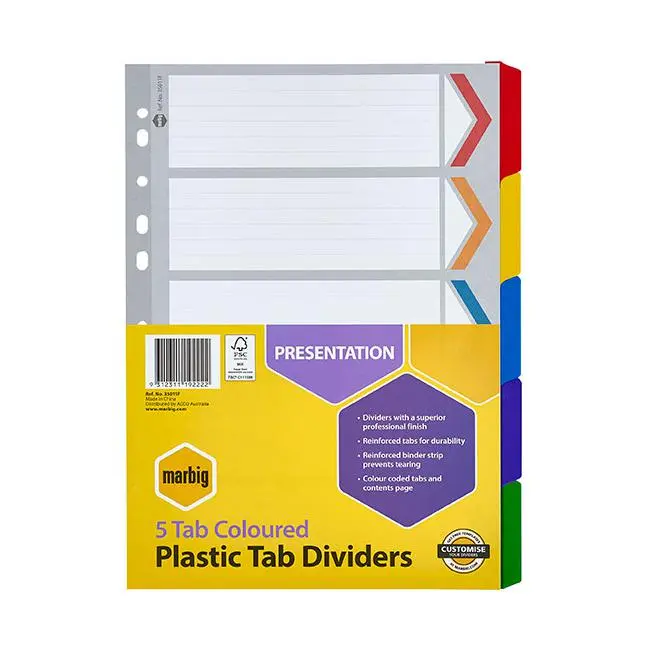 Marbig Reinforced A4 Index Dividers – 5-Tab Colour-Coded Set 1