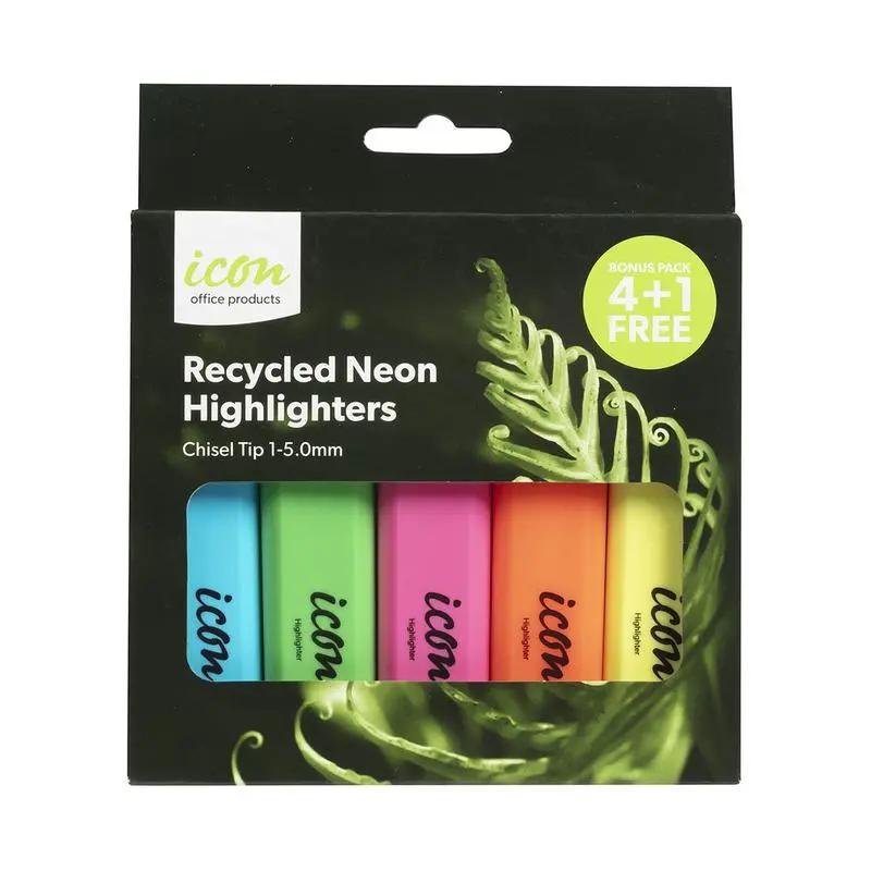 Okin Icon Neon Highlighter Set – Chisel Tip, 4 Colours + 1 Bonus 1