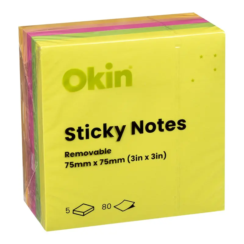 Okin Neon Sticky Notes – 75 X 75 Mm, Vibrant Colors, 5-Pack 1