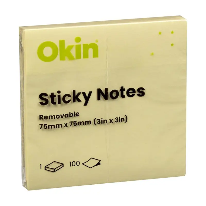 Okin Sticky Notes – 75Mm Square Yellow Pads, 100 Sheets Each 1