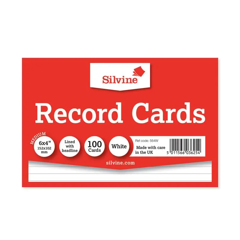 Silvine 6X4 Inch Ruled Record Cards – White, Pack Of 100 (564W) 1