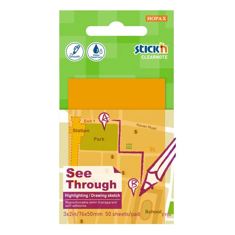Stick’N Clearnote Orange Sticky Notes – 76 × 51 Mm, 50-Sheet Pad 1