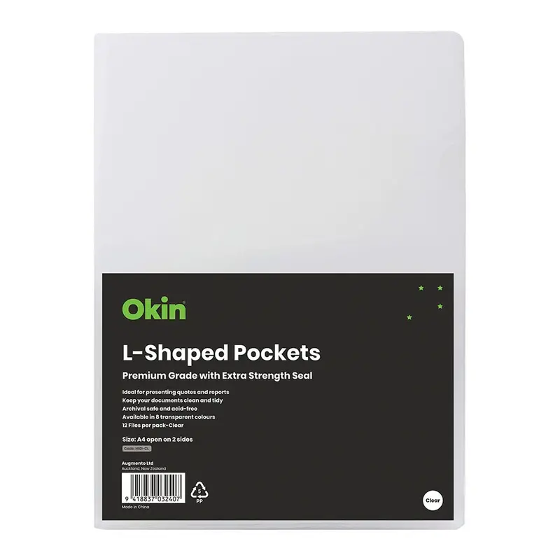 Transparent L-Shaped A4 Pockets – Pack Of 12 By Okin 1