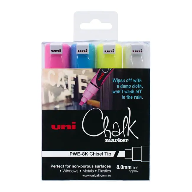 Uni Chalk Marker Pwe-8K – 8 Mm Chisel Tip, 4-Pack Assorted Colours 1