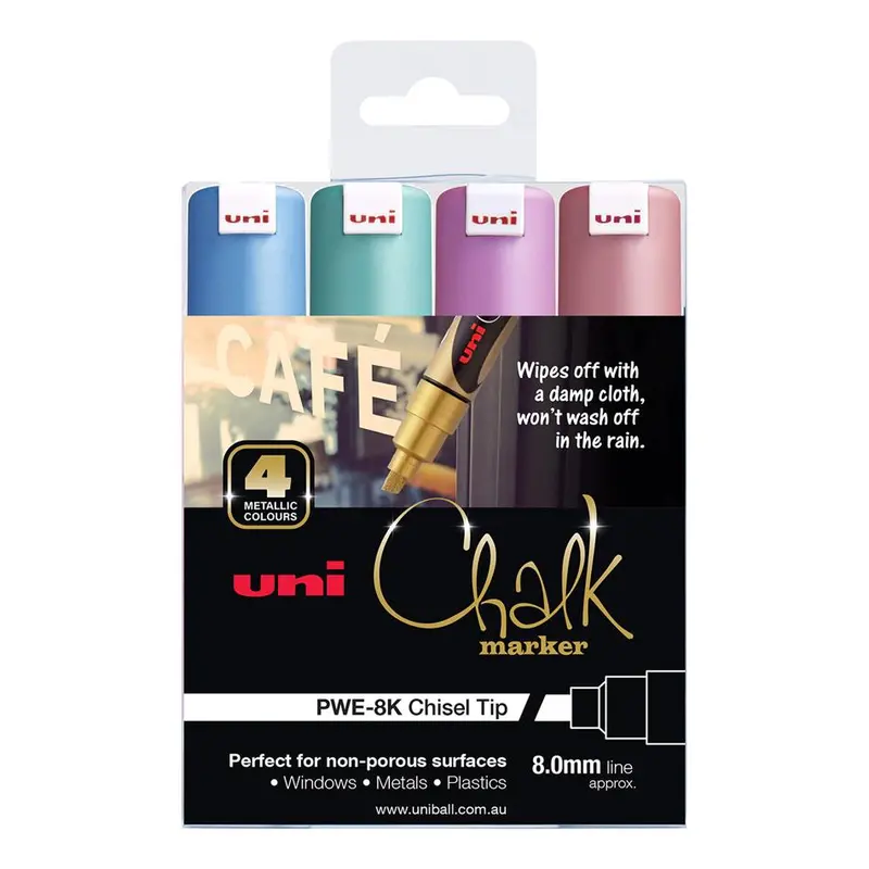 Uni Chalk Marker Set – 4 Metallic Colors, 8Mm Bold Chisel Tip 1