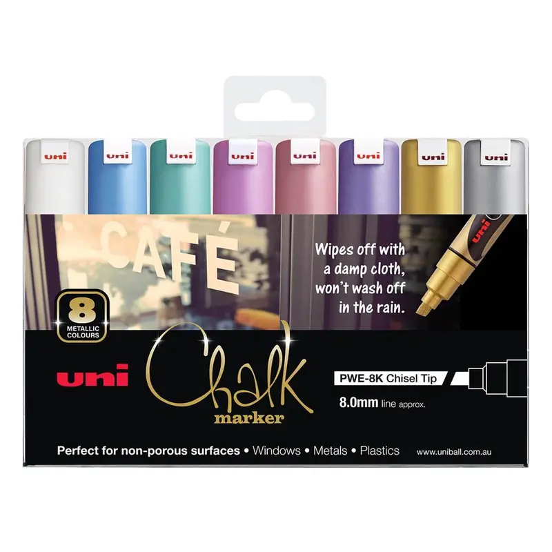 Uni Chalk Marker Set – 8 Metallic Colors, 8Mm Bold Chisel Tip 1