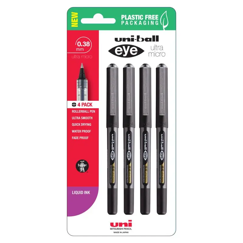 Uni Eye 0.38Mm Capped Rollerball Pen – Black, Pack Of 4 1