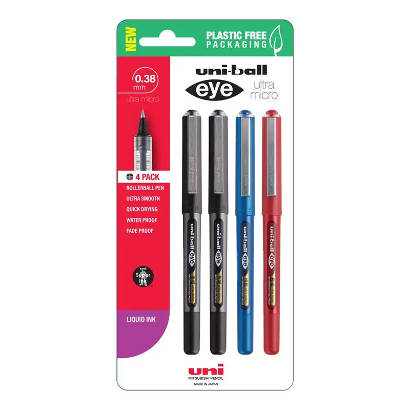 Uni Eye 0.38Mm Rollerball Pen Set – Assorted Colors, Fine-Line Precision (Pack Of 4) 1