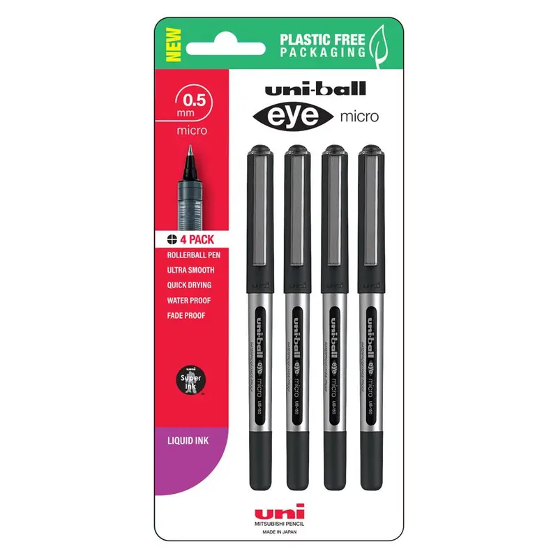 Uni Eye Micro Rollerball Pens – 0.5Mm Black Ink, 4-Pack 1